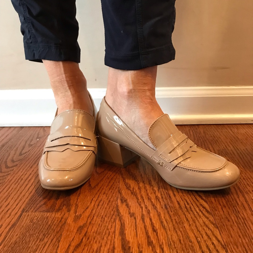 Patent leather heeled loafers- oatmeal size 6
